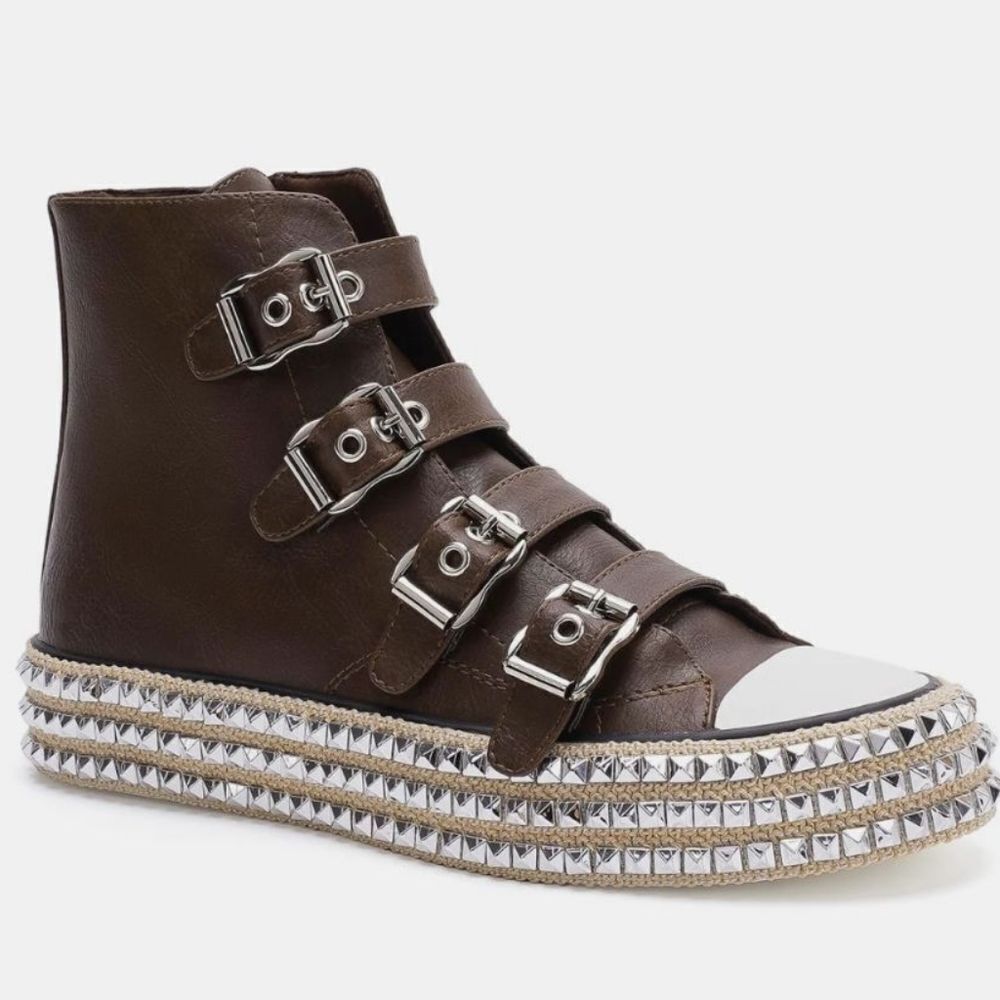 BEAST FASHION Brown High-Tops Multiple Silver Buckle Womens Shoes Size 7, 7.5, 8